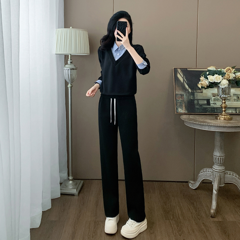 早春穿搭一整套女装时尚减龄洋气假两件卫衣休闲运动两件套装女