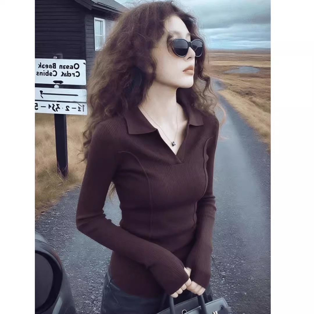 秋冬复古咖色POLO领针织衫女修身显瘦长袖内搭打底衫高级百搭上衣