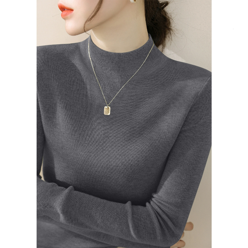 新款修身内搭气质半高领毛衣针织衫女秋季长袖深灰色打底上衣女装