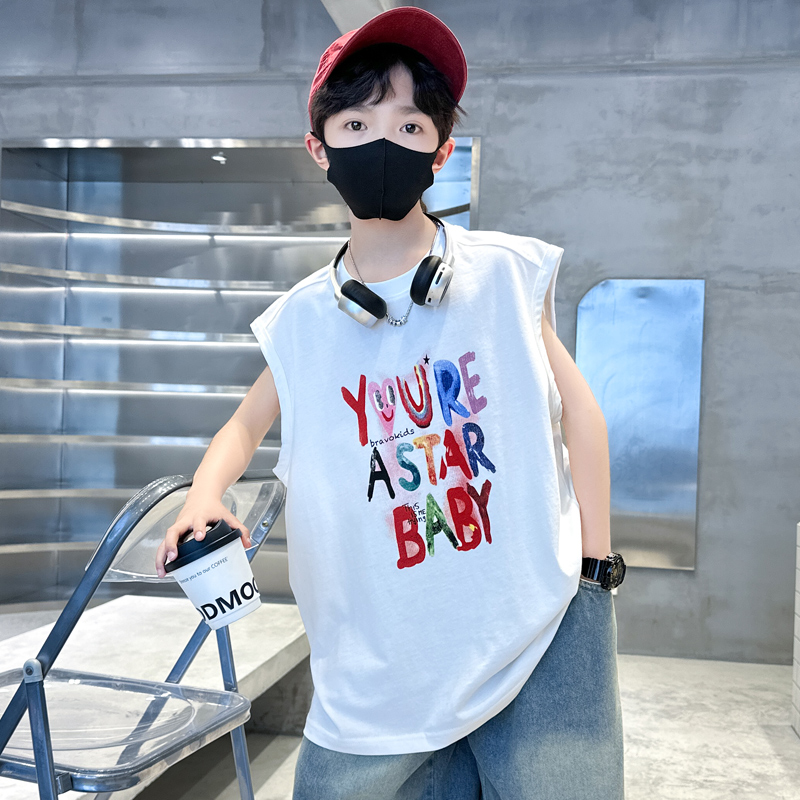 男童无袖T恤背心上衣儿童夏装薄款百搭休闲洋气2025新款男孩潮酷t