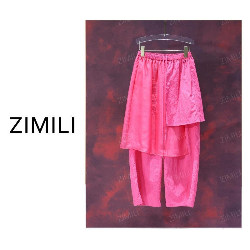 【亮哥女装】2025欧版初荷红不规则拼接网纱时尚休闲裙裤9802-H9