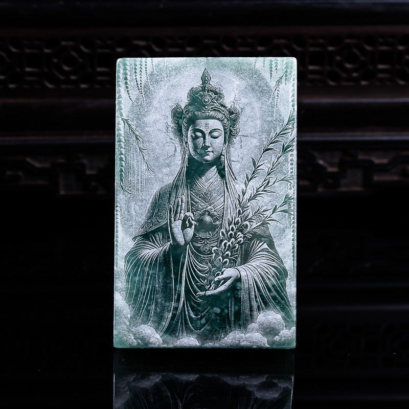 天然A货翡翠大观音方牌双面精影雕山水画玉石观世音吊坠挂件玉佩