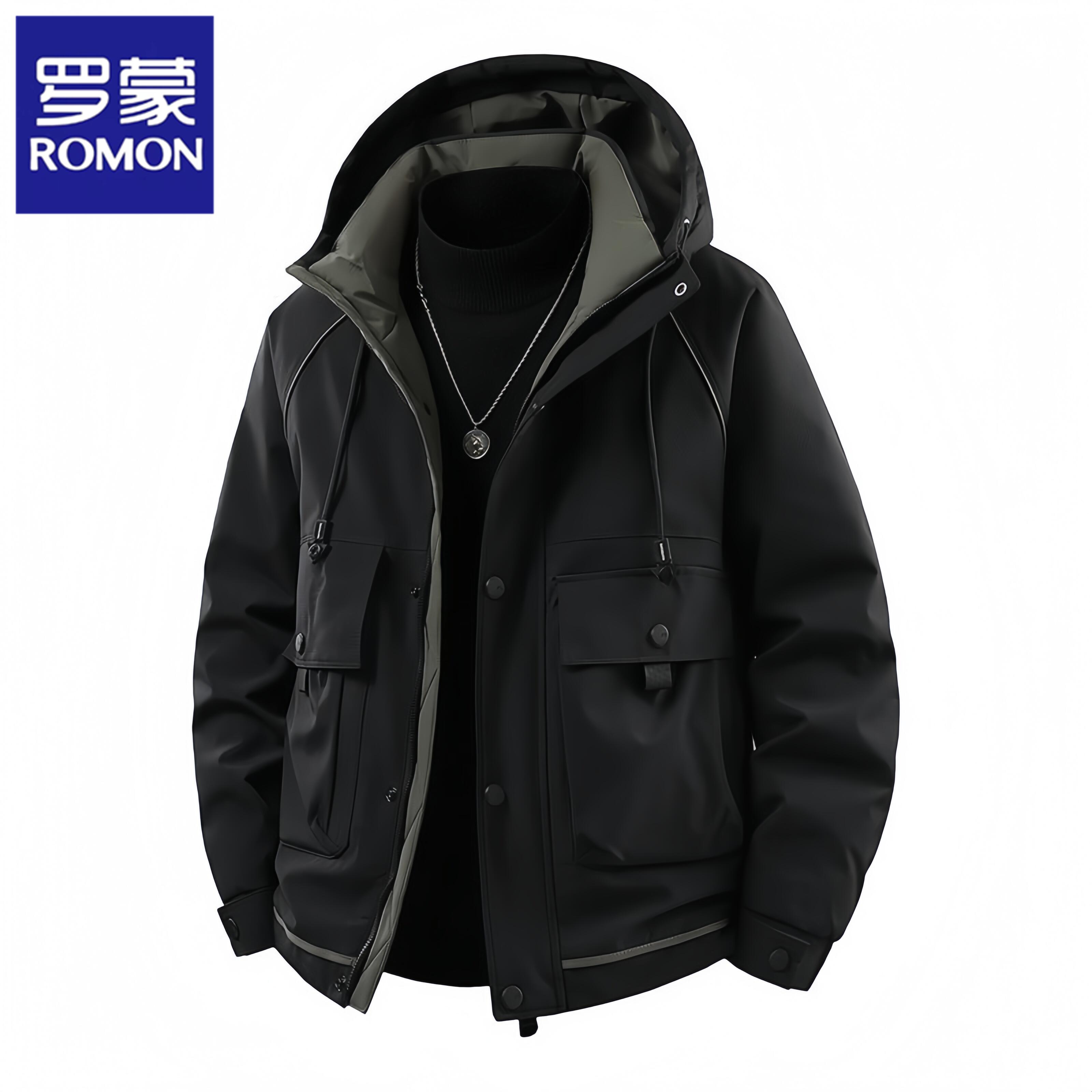 Romon/罗蒙工装羽绒服男士冬季新款潮牌加厚户外冲锋衣连帽外套潮