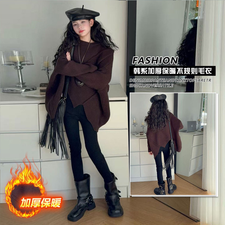 女童加厚毛衣打底裤套装2025儿童不规则针织衫长裤女孩韩范秋冬装