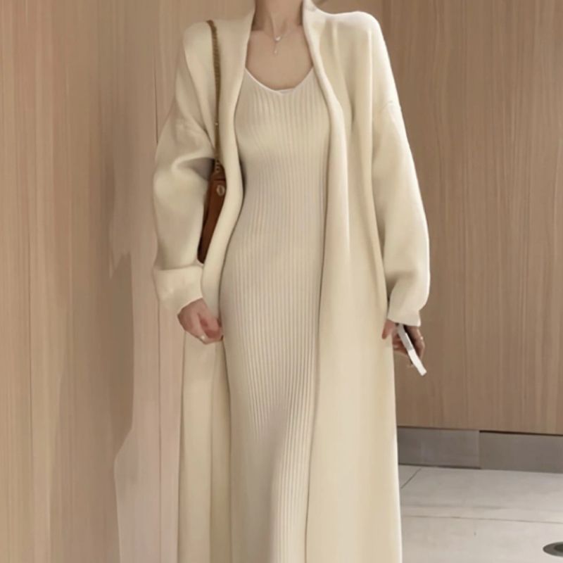 今年流行漂亮套装时尚气质吊带长裙显瘦中长款针织毛衣开衫两件…
