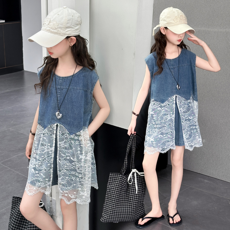女童夏季无袖套装2025新款6-12岁中大童韩系甜美女孩蕾丝牛仔套装