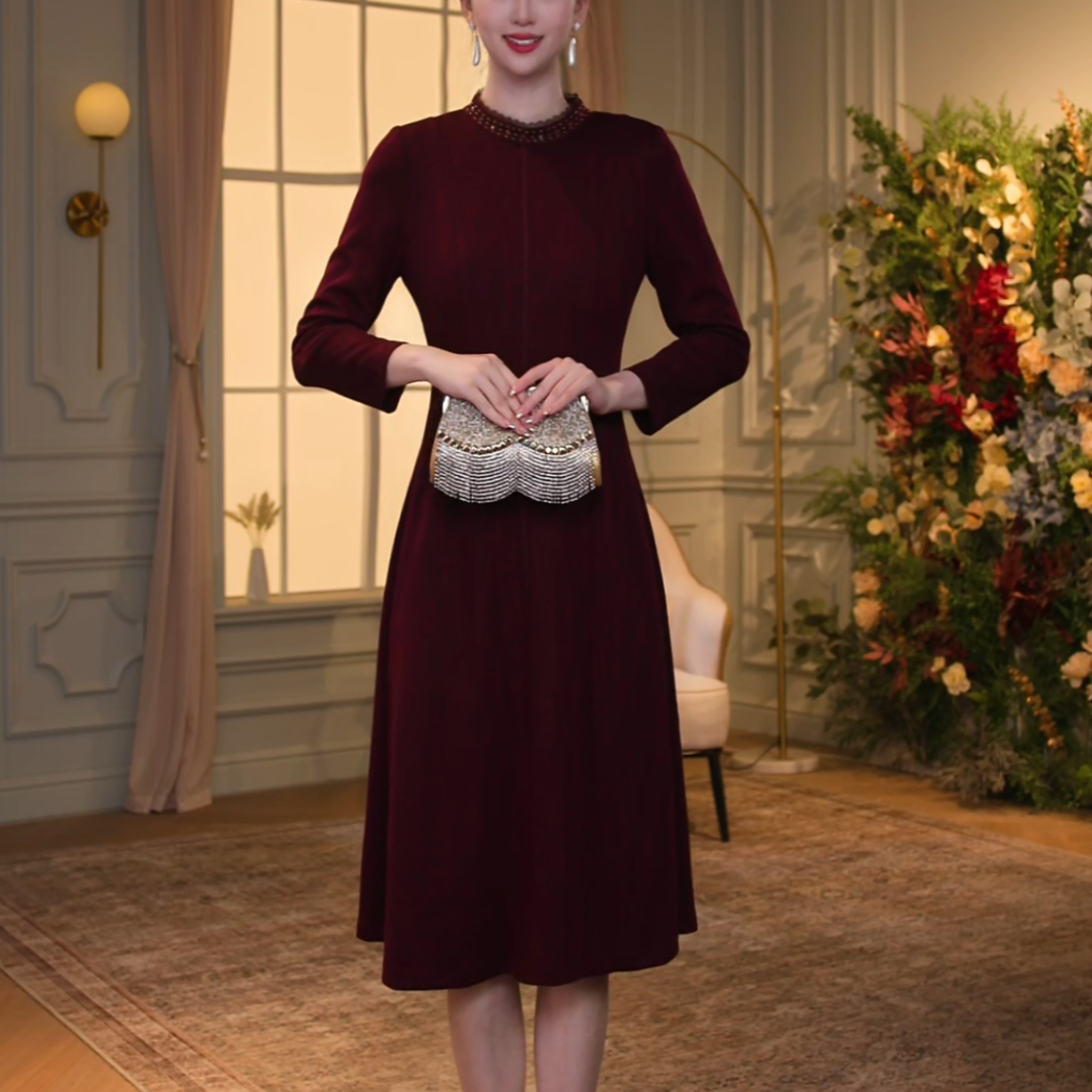 【香妮芬】83531秋冬酒红色显瘦女装连衣裙长袖秋冬气质遮肉修身