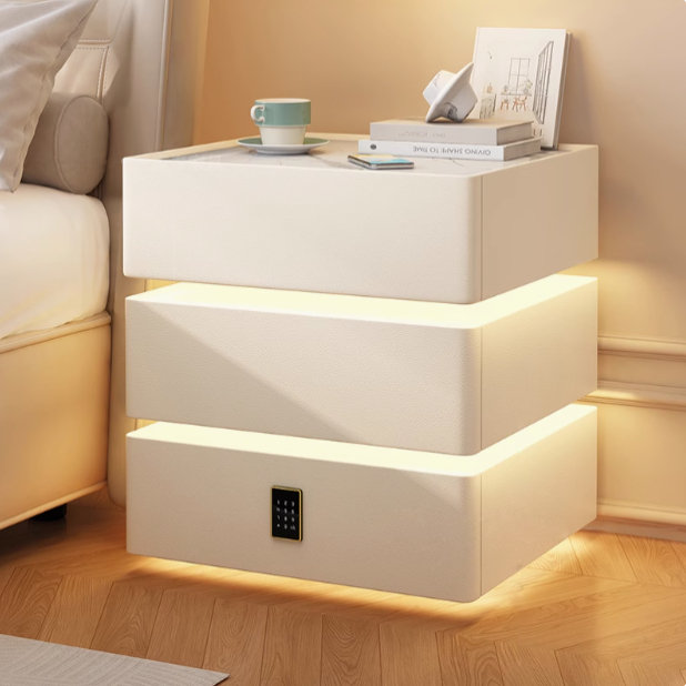 智能悬浮床头柜高级感现代简约三色灯无线充密码锁蓝牙音响实木柜