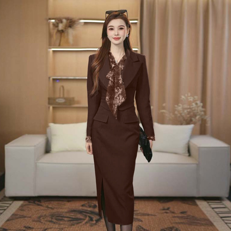 XH【艺晨】假三件西装连身连衣裙女收腰春秋气质名媛裙子QJ0071