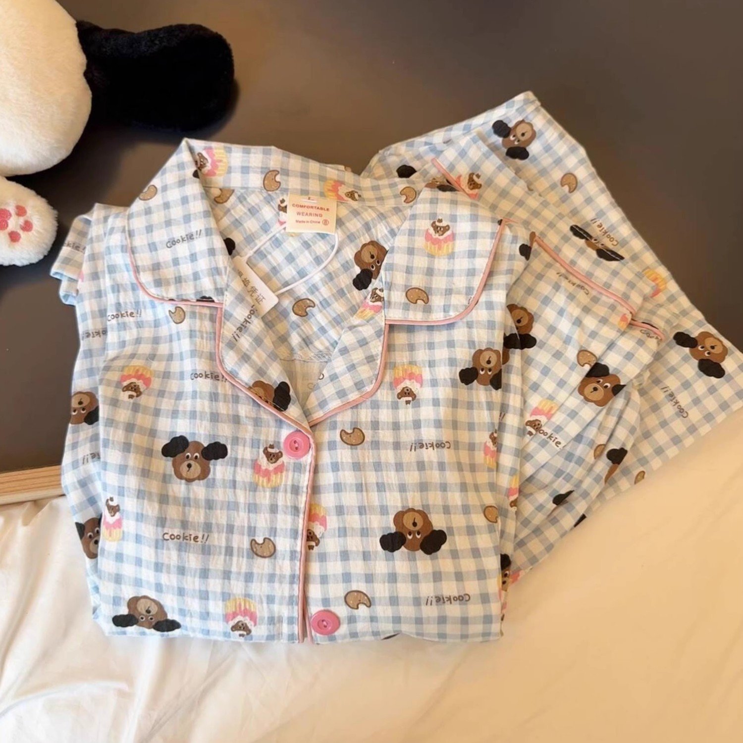 云朵棉睡衣爆款2025春秋新款小狗蓝格女两件套日系卡通家居服套装