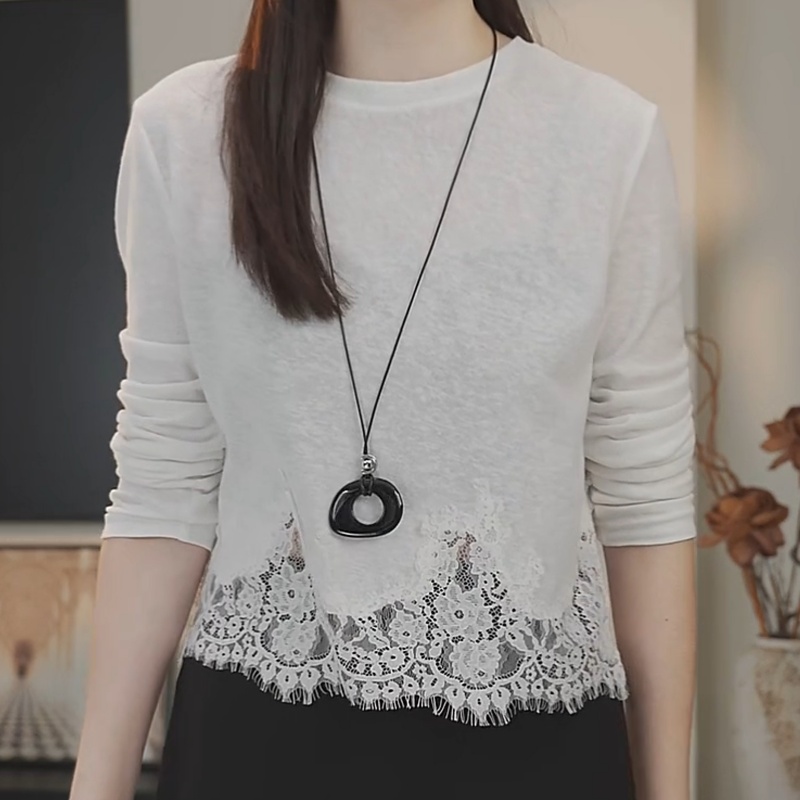 极简风圆领蕾丝长袖T恤百搭打底衫春秋宽松韩版上衣LK2506617