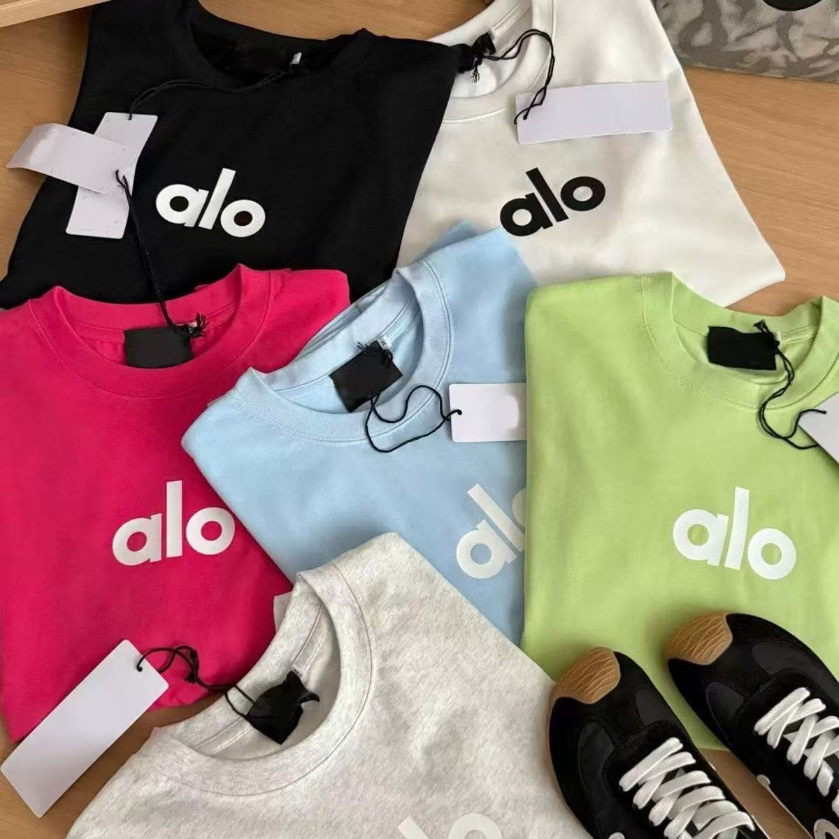 桐森服装 Alo字母印花美式复古宽松时尚纯棉短袖T恤女基础款上衣