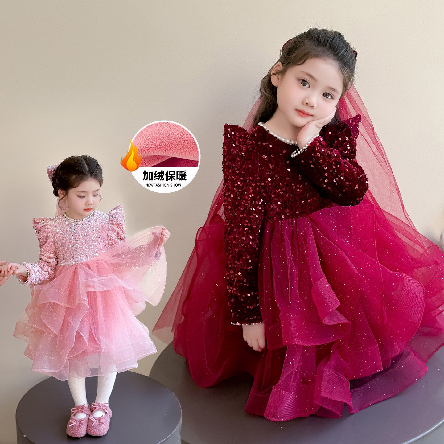 女童冬装加绒公主裙新款儿童红色礼服裙小女孩蓬蓬纱连衣裙年服裙