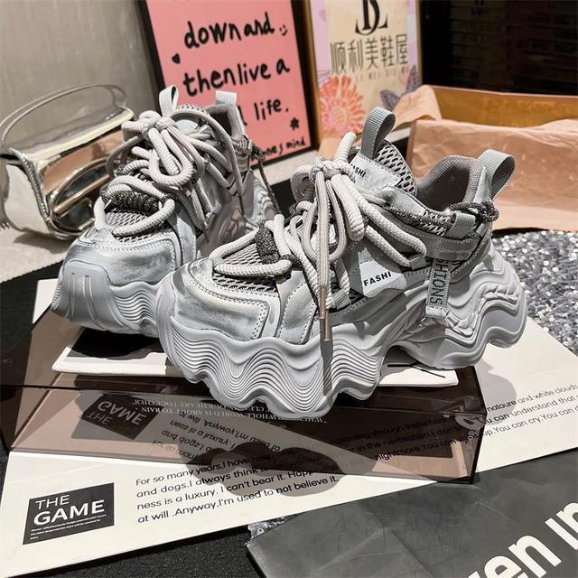 真皮老爹鞋女波浪底水钻绑带厚底松糕小白鞋擦色脏脏小个子运动鞋