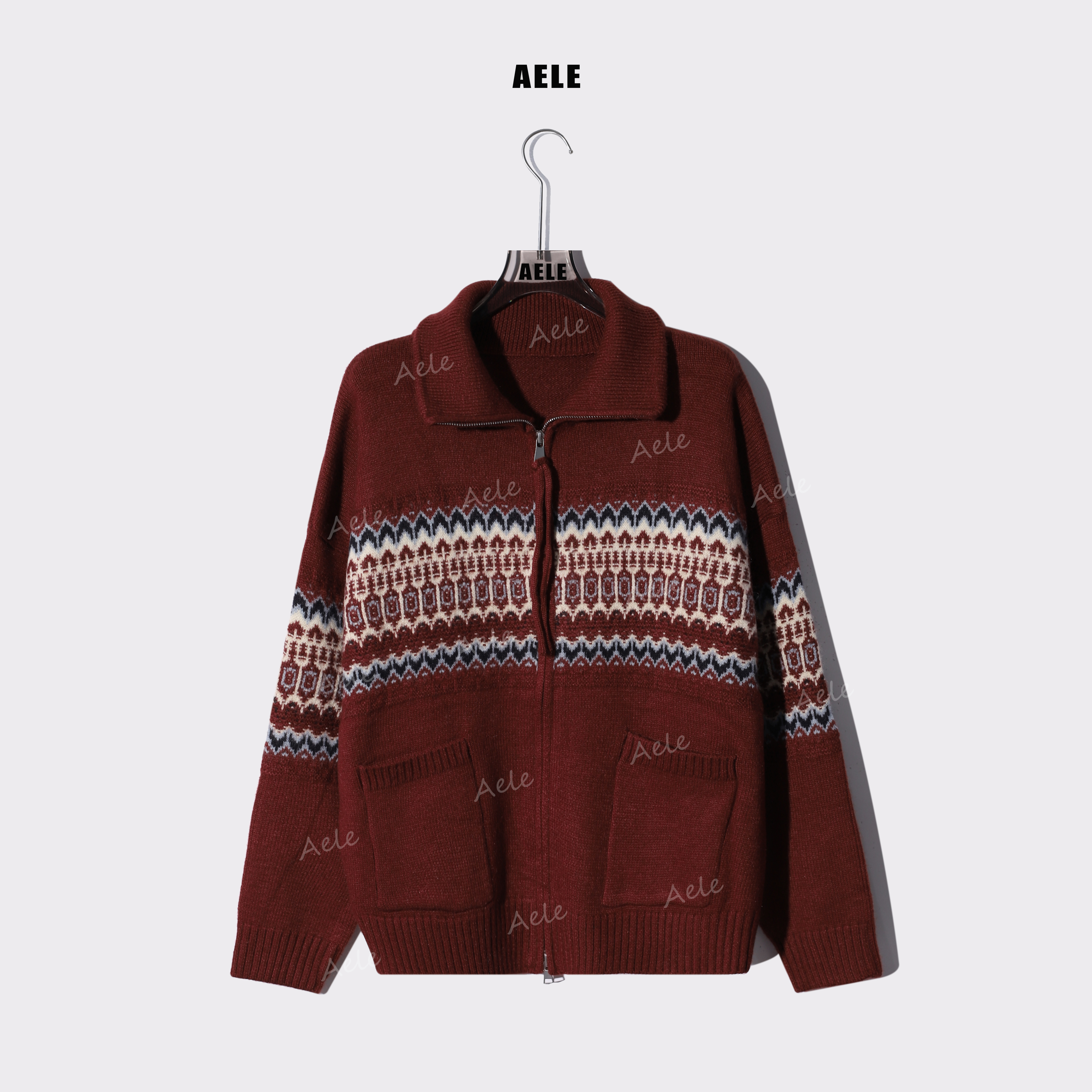 AELE【费尔岛】立领针织花纹撞色宽松休闲毛衣开衫 X855 3298 AD