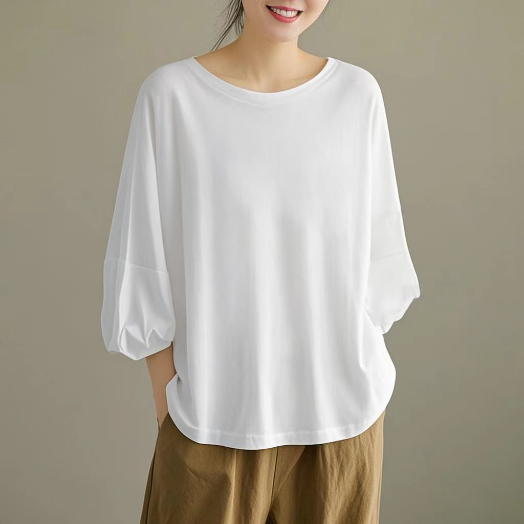 2025春夏新款七分袖上衣时尚百搭简约纯棉t恤女宽松显瘦灯笼袖T恤