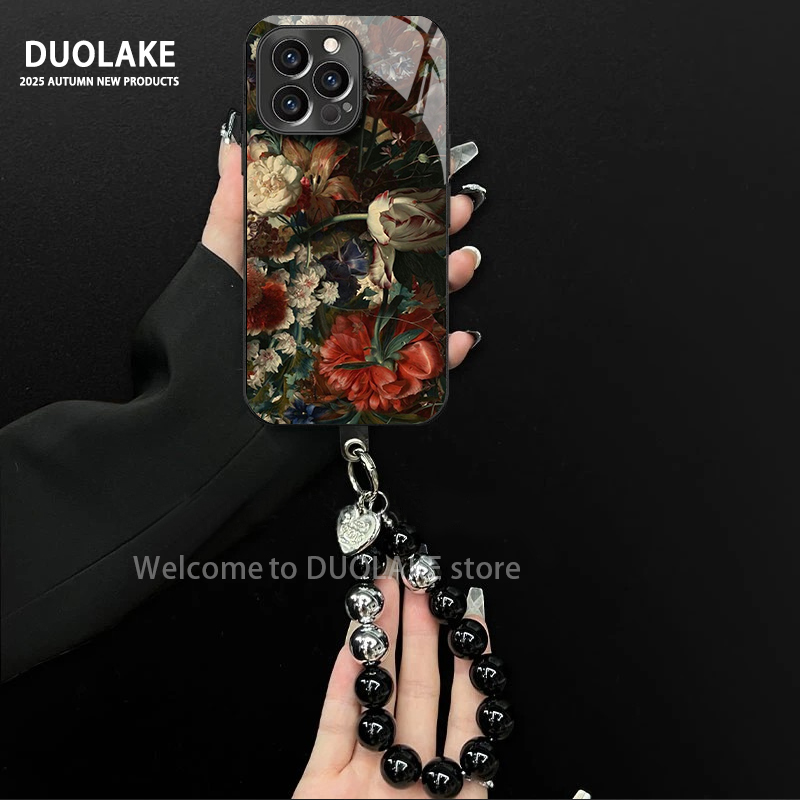 适用于苹果/oppo/华为/vivo/小米复古花朵电镀玻璃手链防摔手机壳