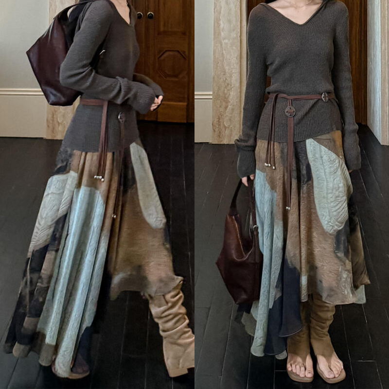 氛围感复古晕染印花不规则下摆半身裙女秋季新款时尚百搭显瘦长裙