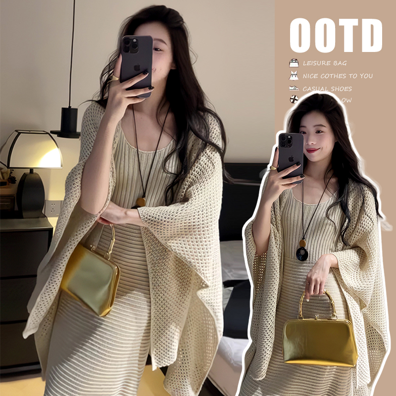 2025孕妇慵懒风女初秋法式复古针织吊带连衣裙披肩上衣两件套装
