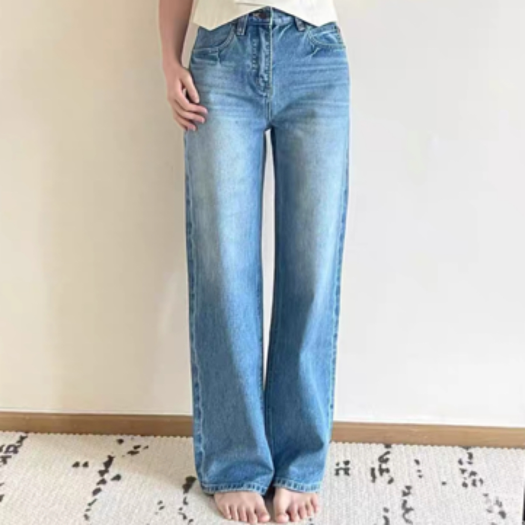 巨好看YS同款 全棉春款土耳其棉浆纱直筒高腰牛仔裤窄版阔腿裤
