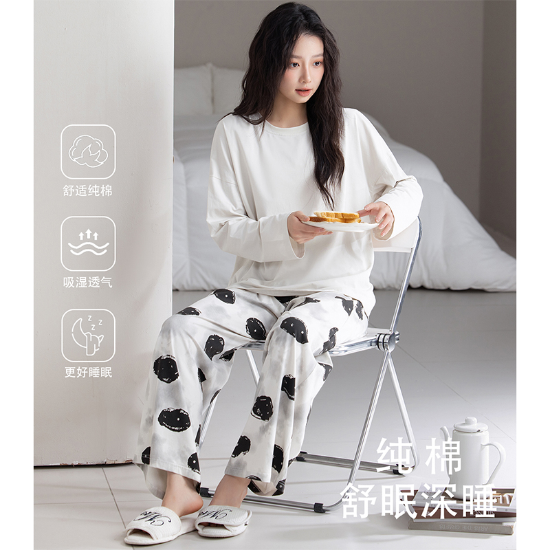舒适纯棉圆领长袖阔腿长裤睡衣女士春秋季大码休闲可外穿家居服