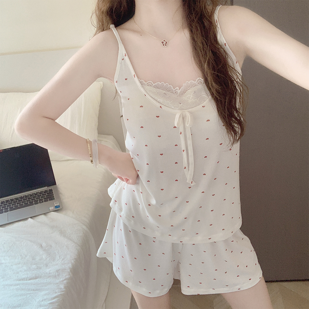 【带胸垫一体】甜美可爱吊带睡衣女款夏季薄款莫代尔爱心家居服套装
