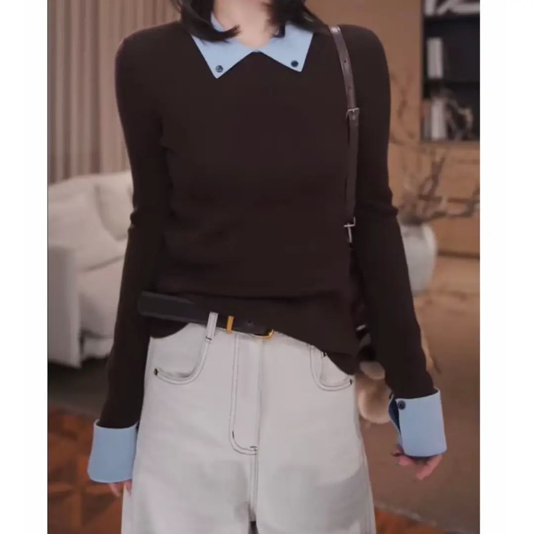 【精致个性】撞色翻领针织衫女打底毛衣2025秋冬季新款显瘦气质上衣