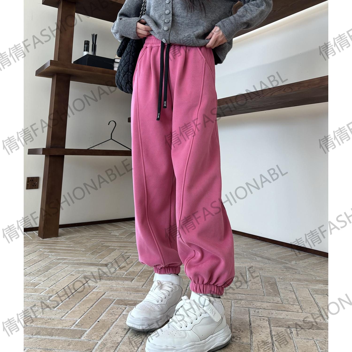 (高个子款)加绒加厚欧货宽松显瘦休闲运动裤高腰卫裤百搭束脚裤女
