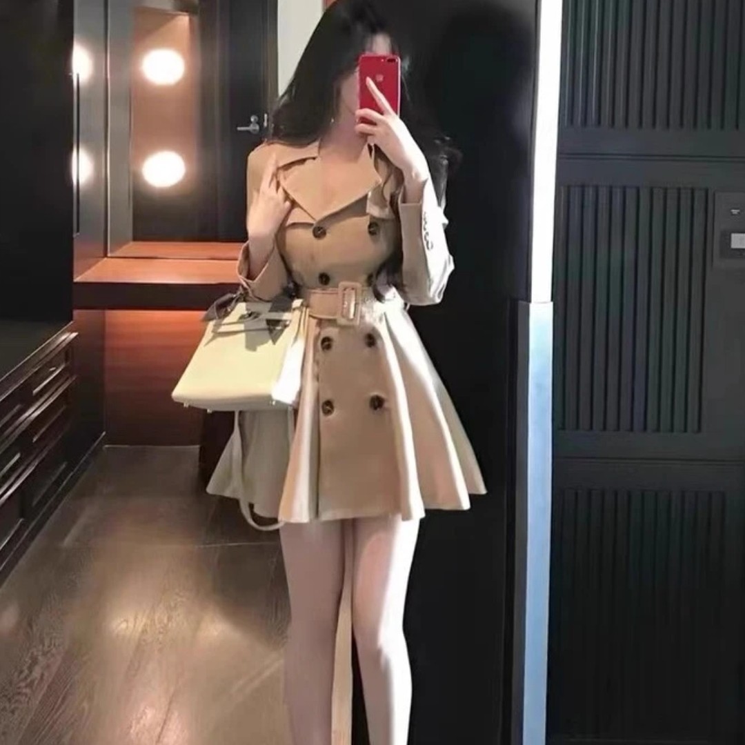 Laugh Queen设计感卡其色连衣裙式风衣外套短款显瘦秋双排扣25037