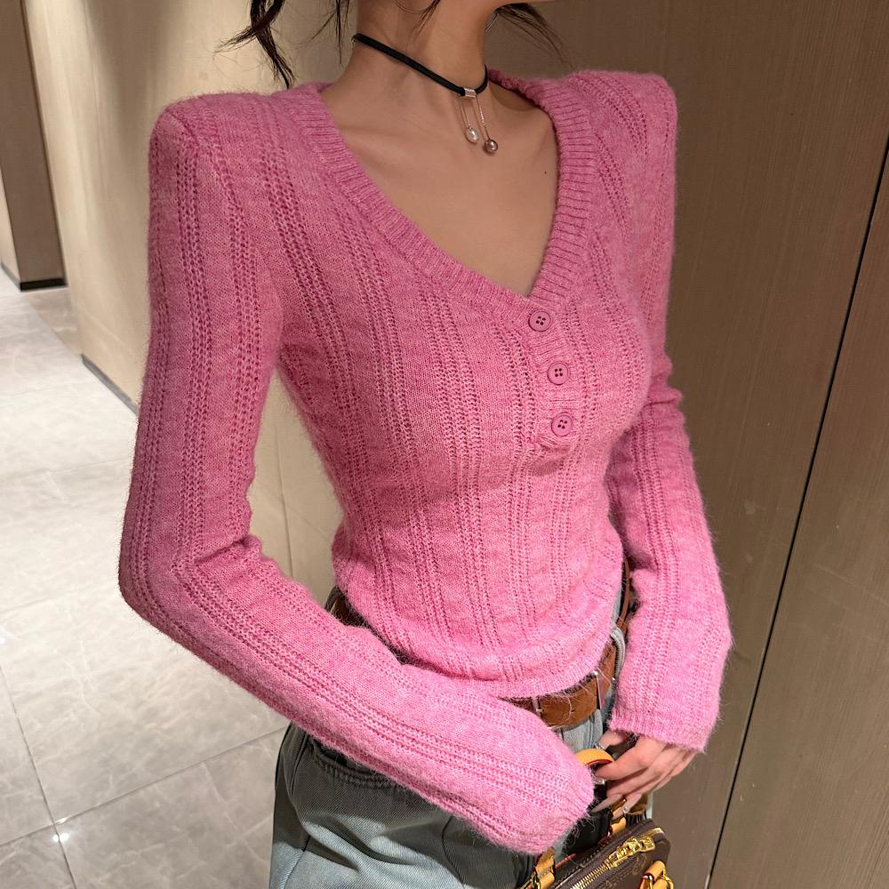 纯欲辣妹V领长袖针织衫2025秋冬新款韩版设计感打底内搭女长袖
