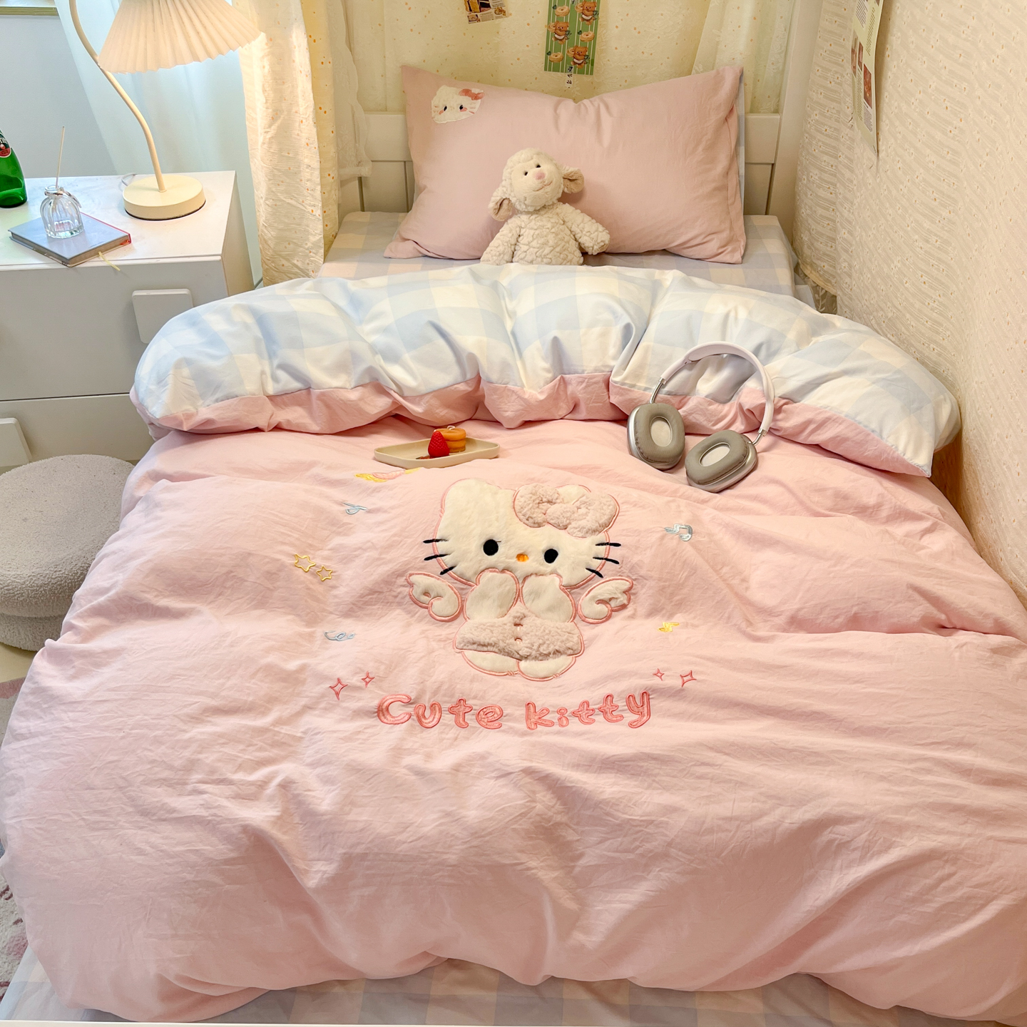 天使喵喵水洗棉床上三件套大学生宿舍贴布绣被套床单上下铺六件套