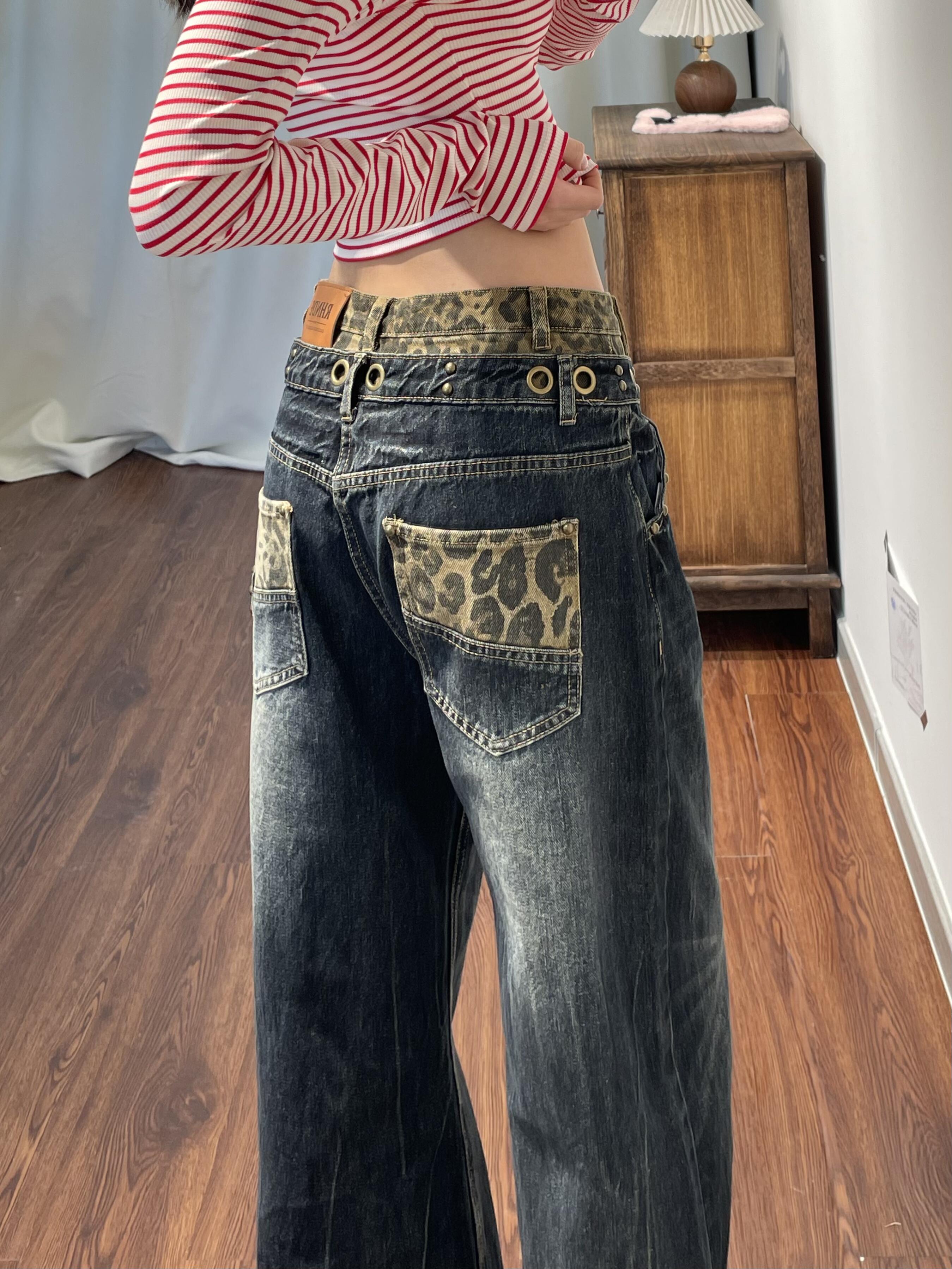 美式复古假两件豹纹拼接牛仔裤女新款洗水做旧大码胖mm显瘦阔腿裤