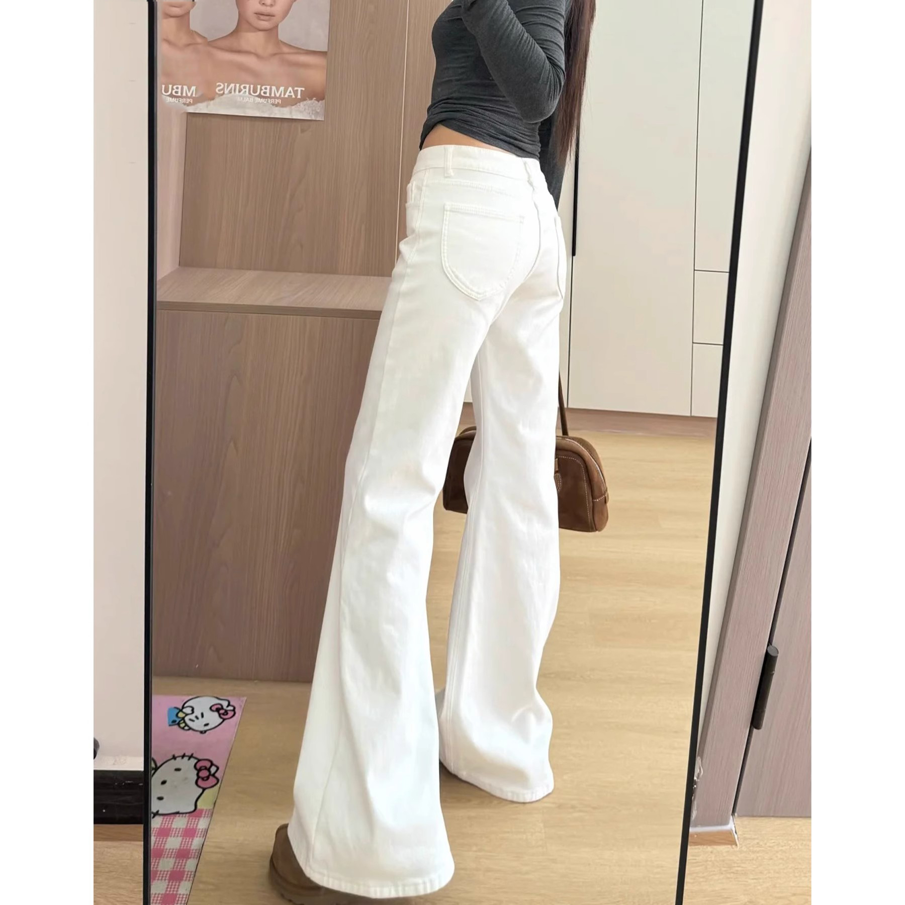 加绒白色低腰显瘦微喇牛仔裤女冬季2025新款宽松不贴腿拖地喇叭裤