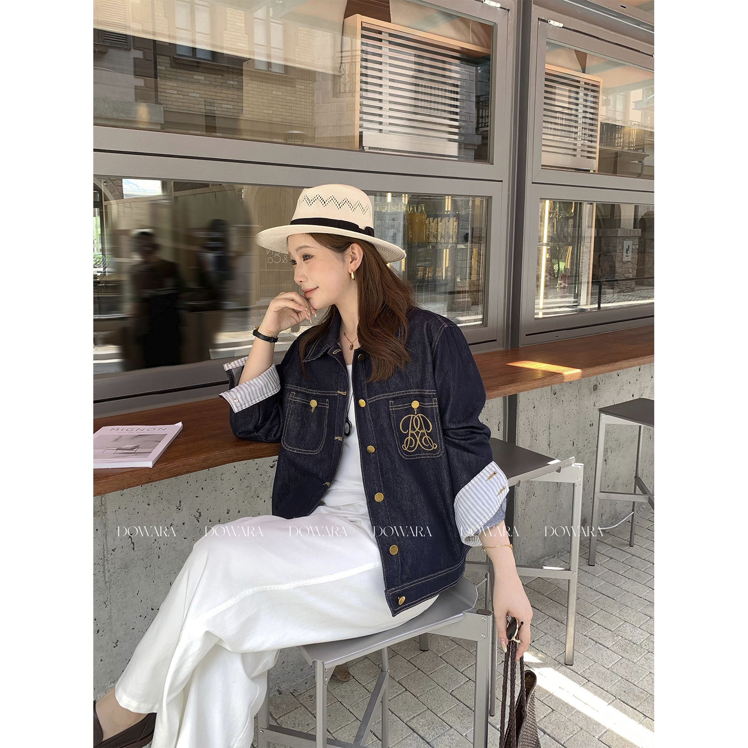 现货大婉酱微胖定制【荒野袖章】莱赛尔韩版字母刺绣牛仔外套 9882D