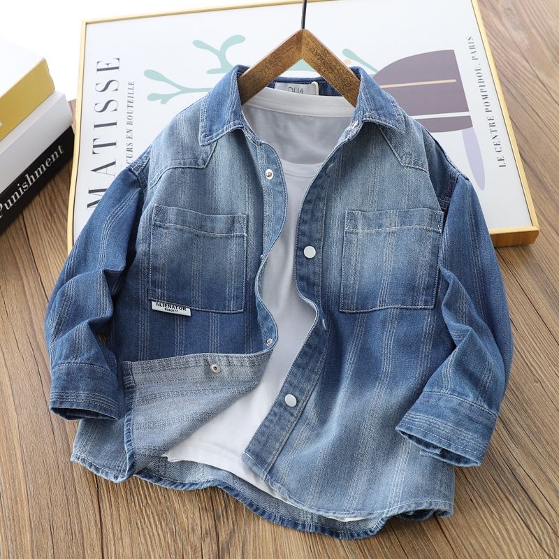 童装男童牛仔衬衫春秋款中大童长袖条纹衬衣儿童时尚休闲渐变外套