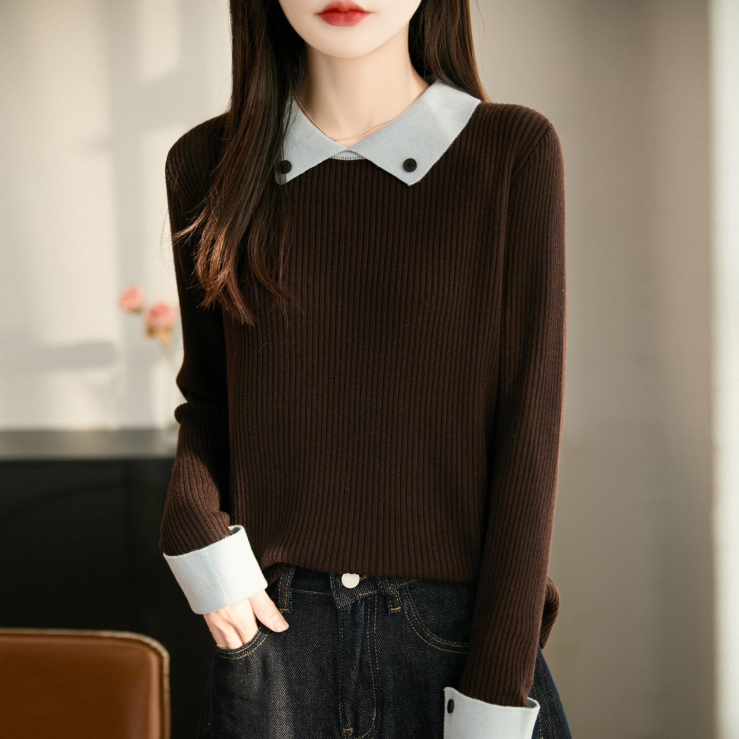 正品哥弟新款小香风POLO领撞色羊毛针织衫洋气百搭简约通勤打底衫