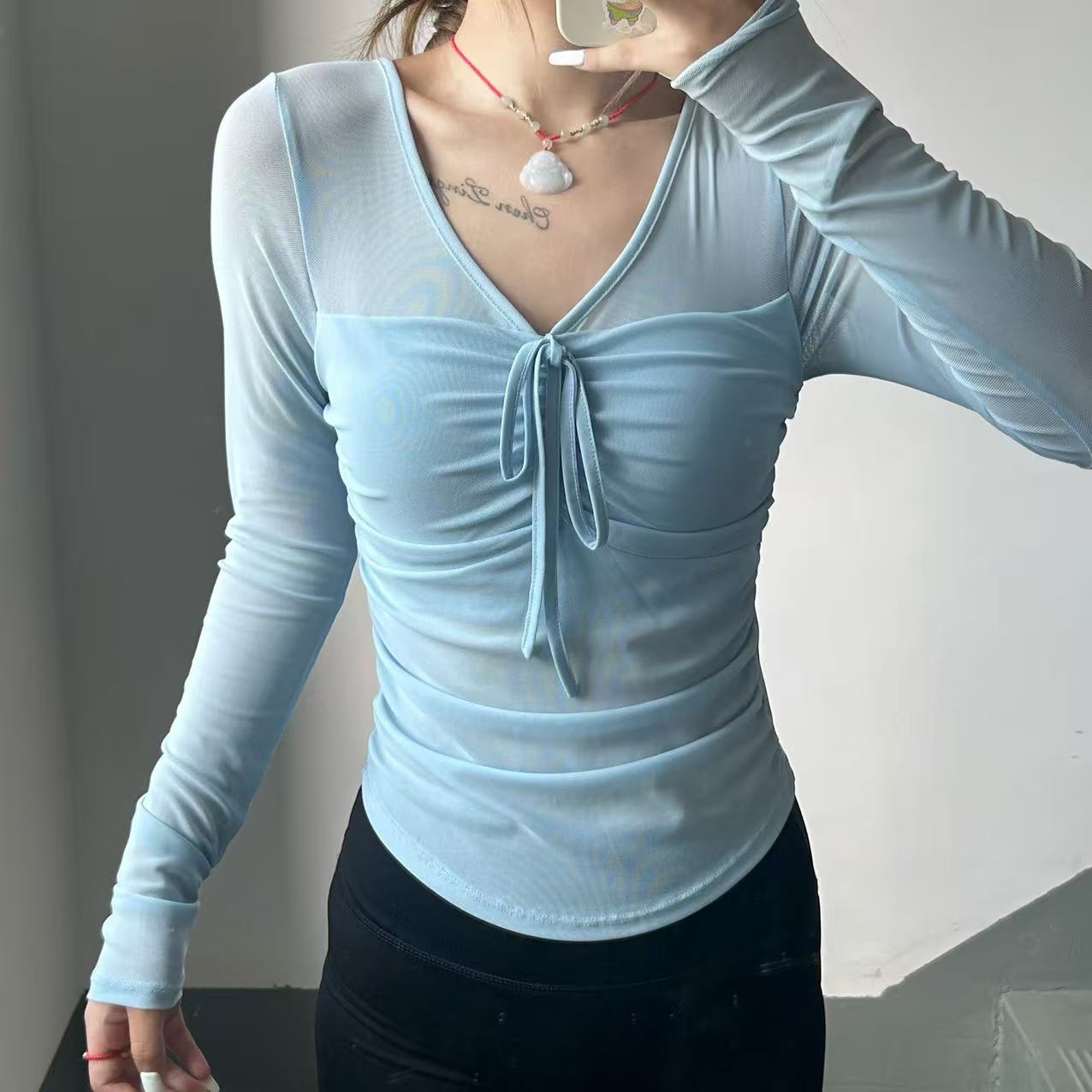 性感网纱高级感瑜伽服长袖一体式胸垫健身训练普拉提运动上衣女春