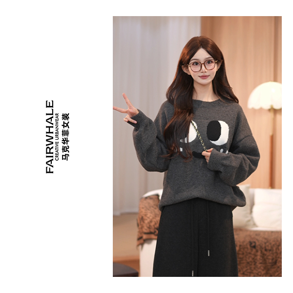 马克华菲圆领针织时尚休闲百搭宽松印花针织衫女F53004A996 qq