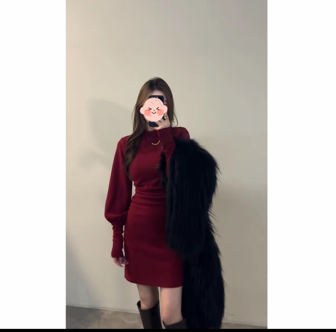 御姐风灯笼袖半高领褶皱收腰连衣裙女冬季新款百搭显瘦气质短裙子