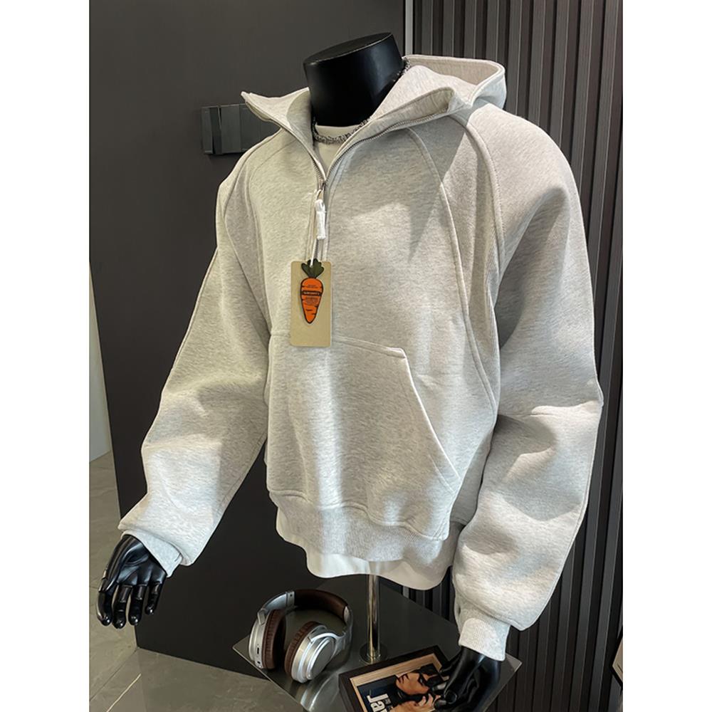 白花灰半拉链连帽卫衣外套男春秋季短款cleanfit美式重磅高领帽衫