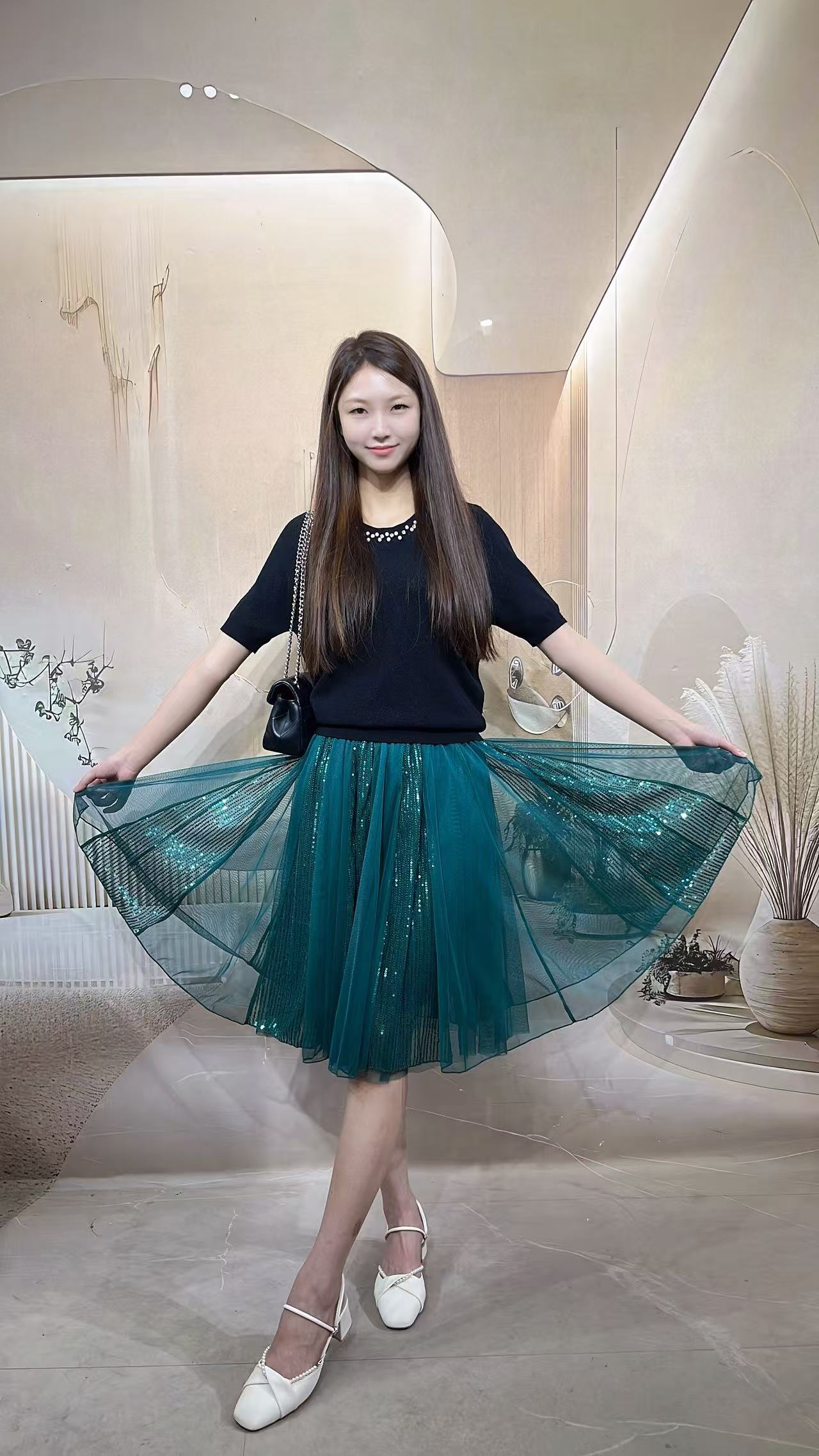 原装正版气质A字刺绣亮片高腰大摆显瘦夏秋垂感十足广场舞网纱裙