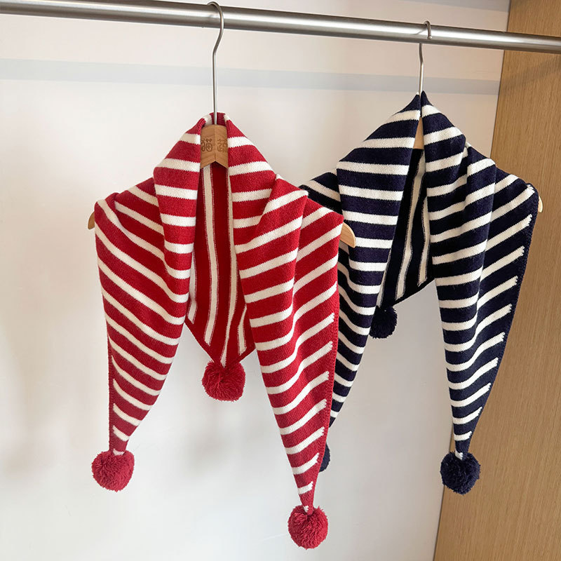 2025新款韩版可爱球球红色条纹三角围巾女秋冬保暖百搭披肩围脖XF