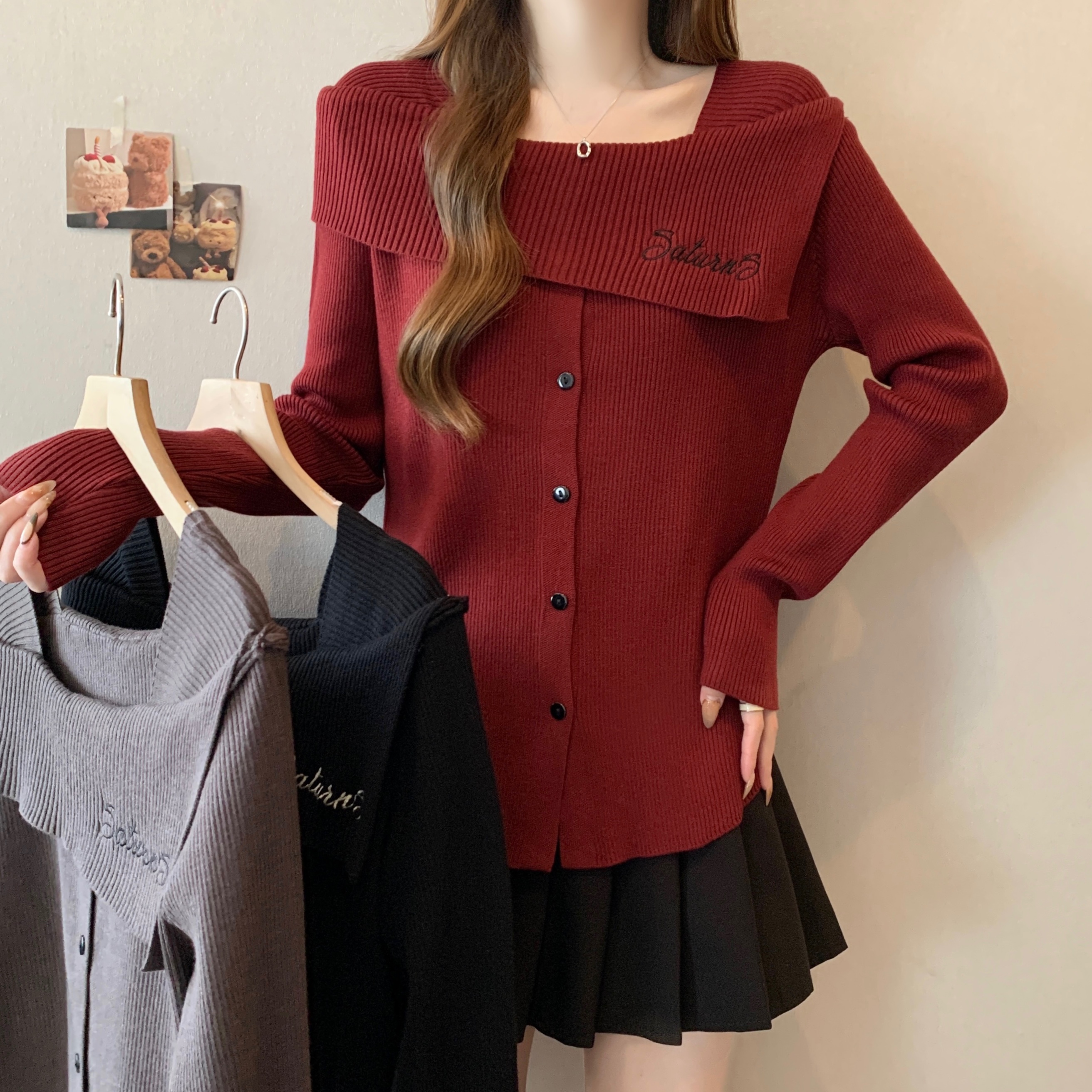 【大码】设计感一字肩两穿长袖针织衫女秋冬毛衣女胖大码277