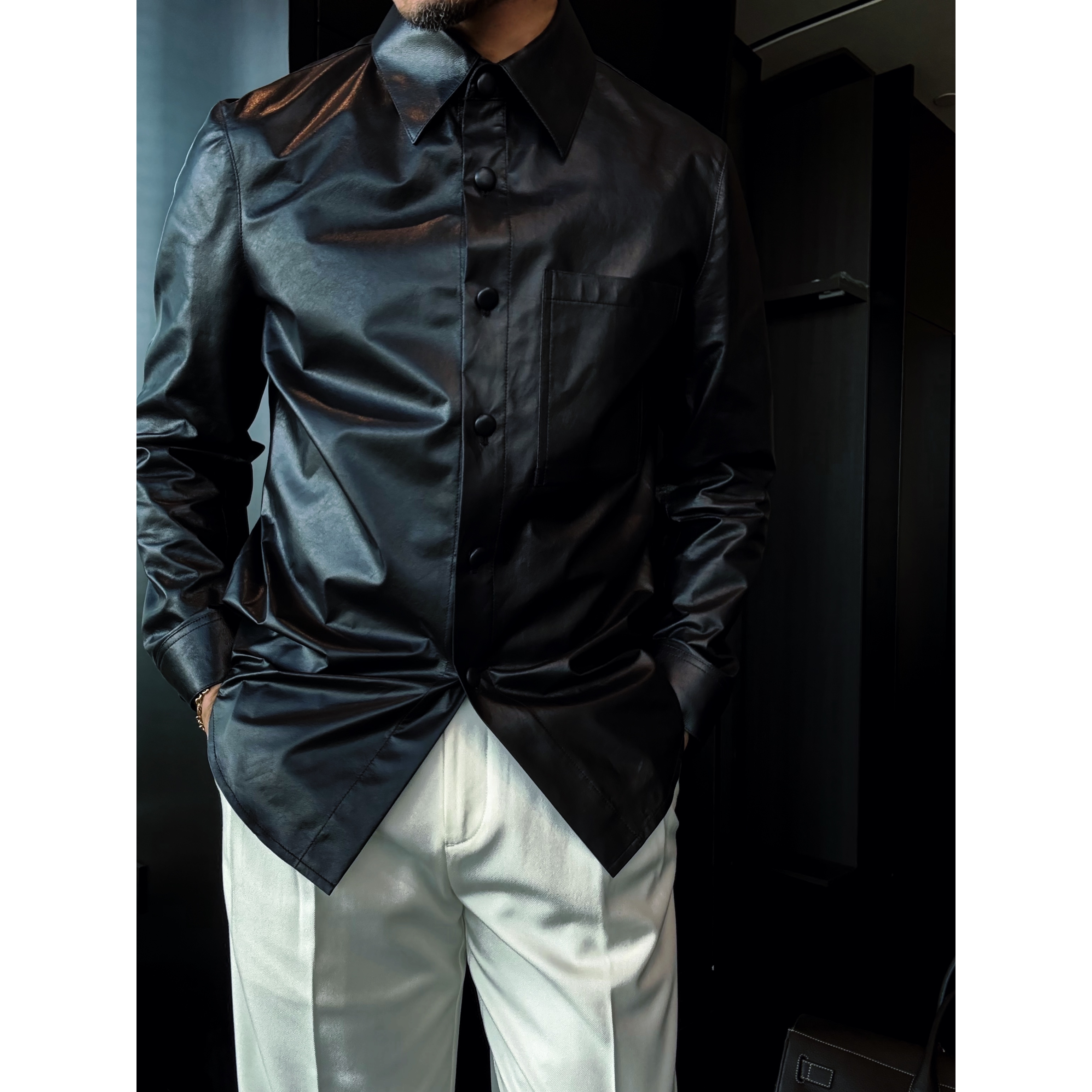 DRUNKCORNER 【绵羊皮+动态防水】衬衫款超薄皮外套时尚休闲潮流