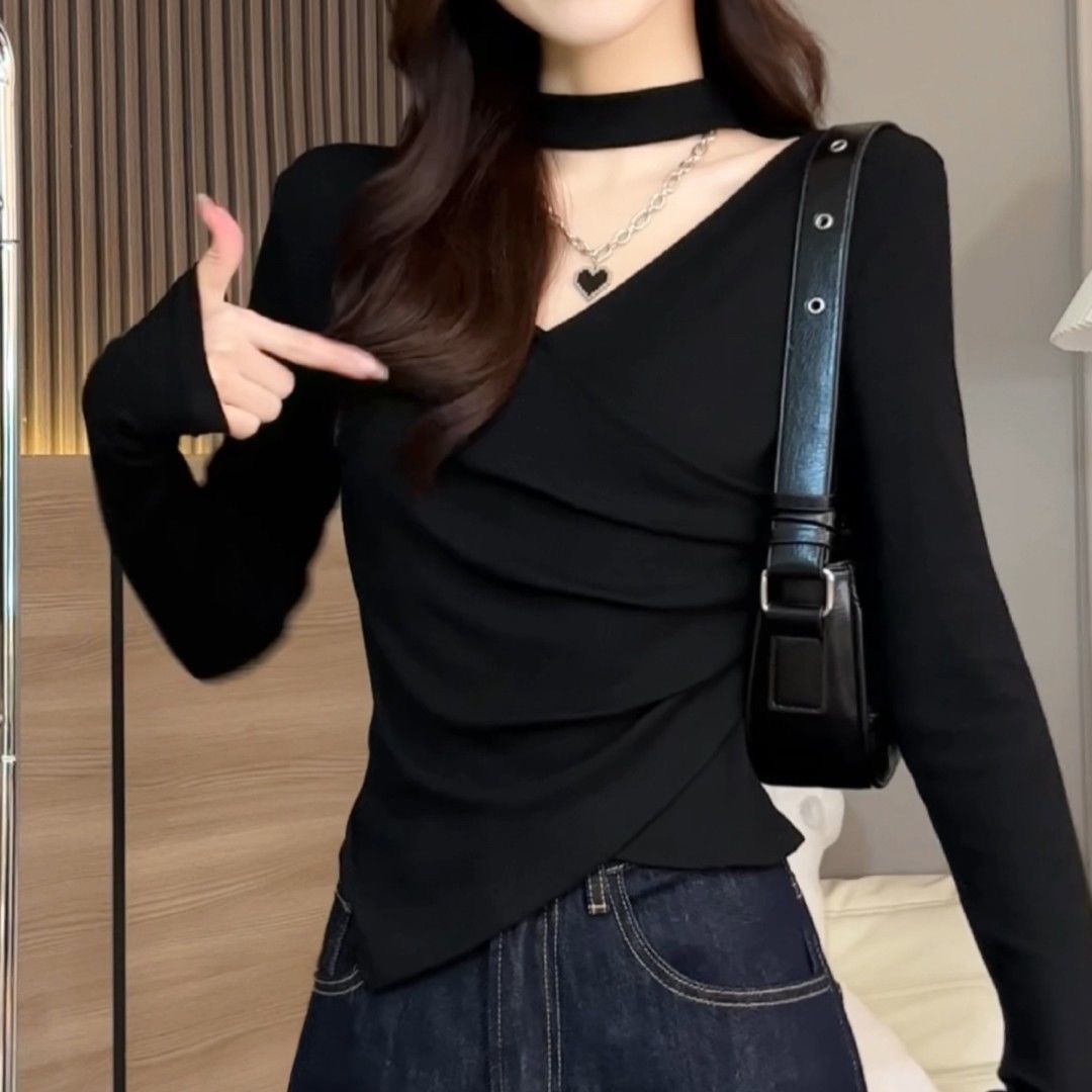 秋冬修身内搭不规则v领独特漂亮新款时尚洋气新款独特漂亮小衫