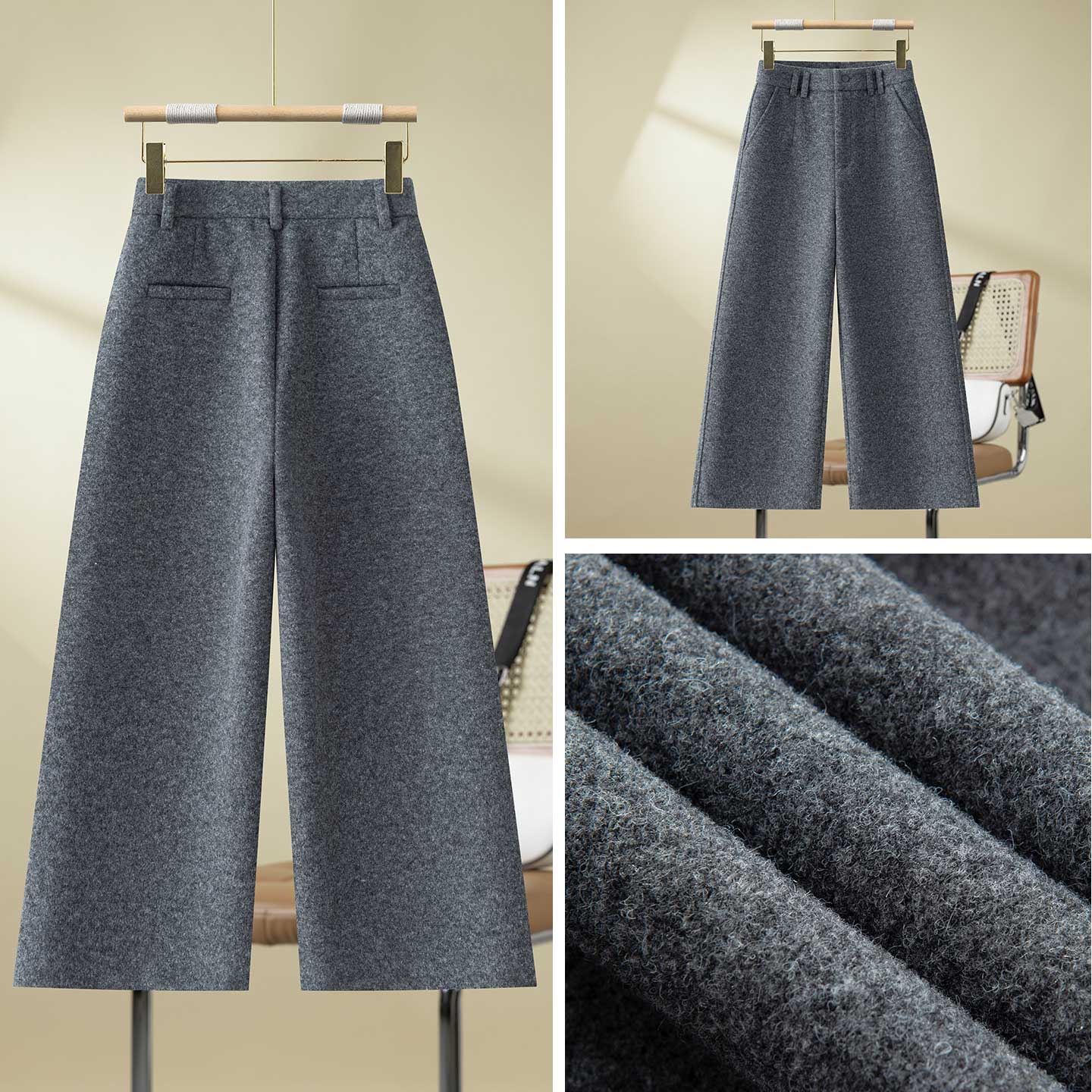 高腰羊毛呢阔腿裤女秋冬2025新款显瘦八分裤加厚保暖宽松直筒裤子