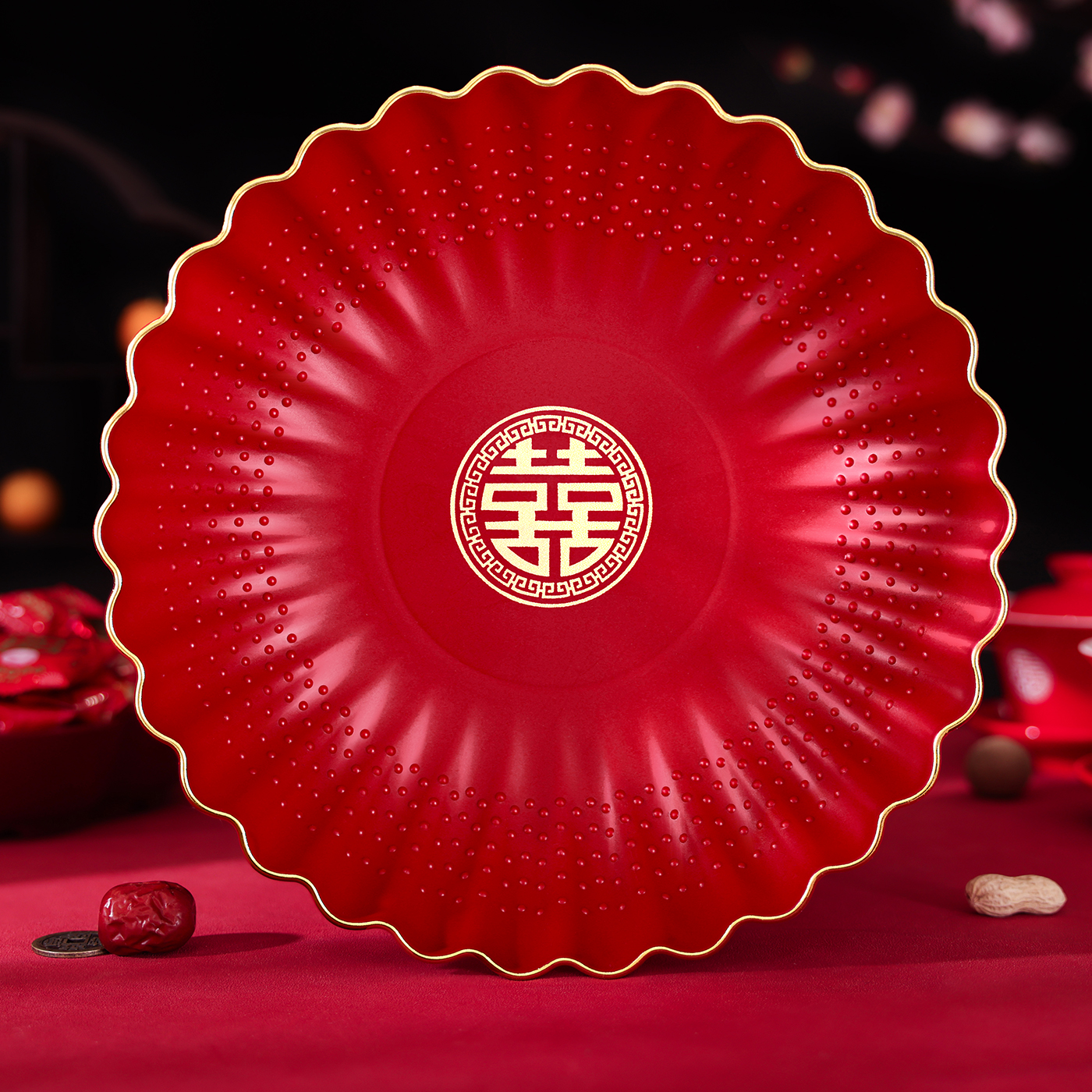 结婚果盘客厅茶几糖果盘家用红色水果盘零食干果盘子婚礼用品大全