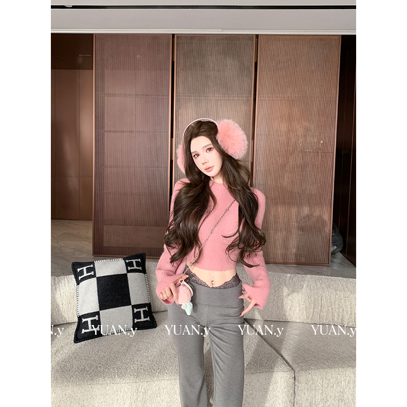 媛媛【秋色弥深】新款毛衣女冬季圆领宽松收腰短款针织衫上衣#M0597