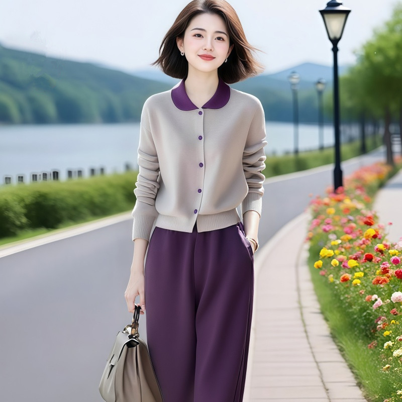 2025秋季新款高级感撞色翻领紫色针织衫上衣+休闲气质裤子两件套