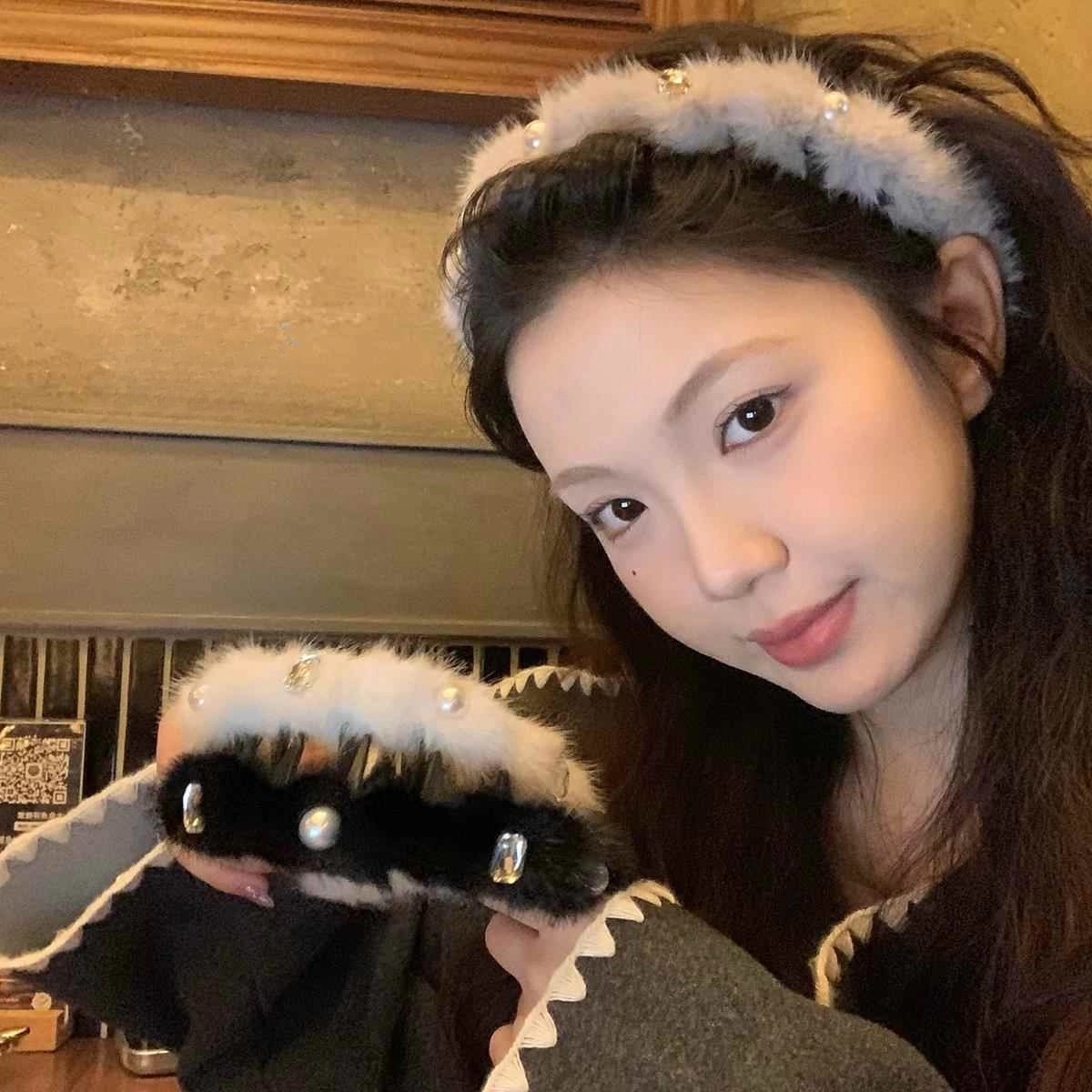 精致珍珠水钻毛绒波浪发箍带齿防滑增高颅顶头箍碎发整理压发发卡